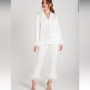 NADINE MERABI White Feather Trim Pajama Set wedding bride bridal size small